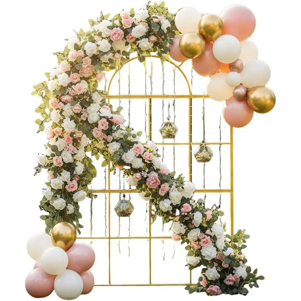 Wedding Balloon Arch - ゴールドメタルウェディングアーチ、高さ6.5フィートのセレモニーデコレーション、鉄製アーチスタンド、バルーン＆クリムプラントガーデンパーティーアクセント