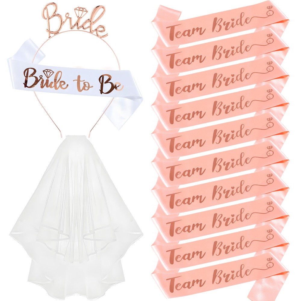 Bride Tribe Sash - 13点セット独身最後のパーティー用品、花嫁候補とチーム花嫁のサテンサッシュ、ヘッドバンド、ベール、ブライダルシャワー、結婚式の装飾用