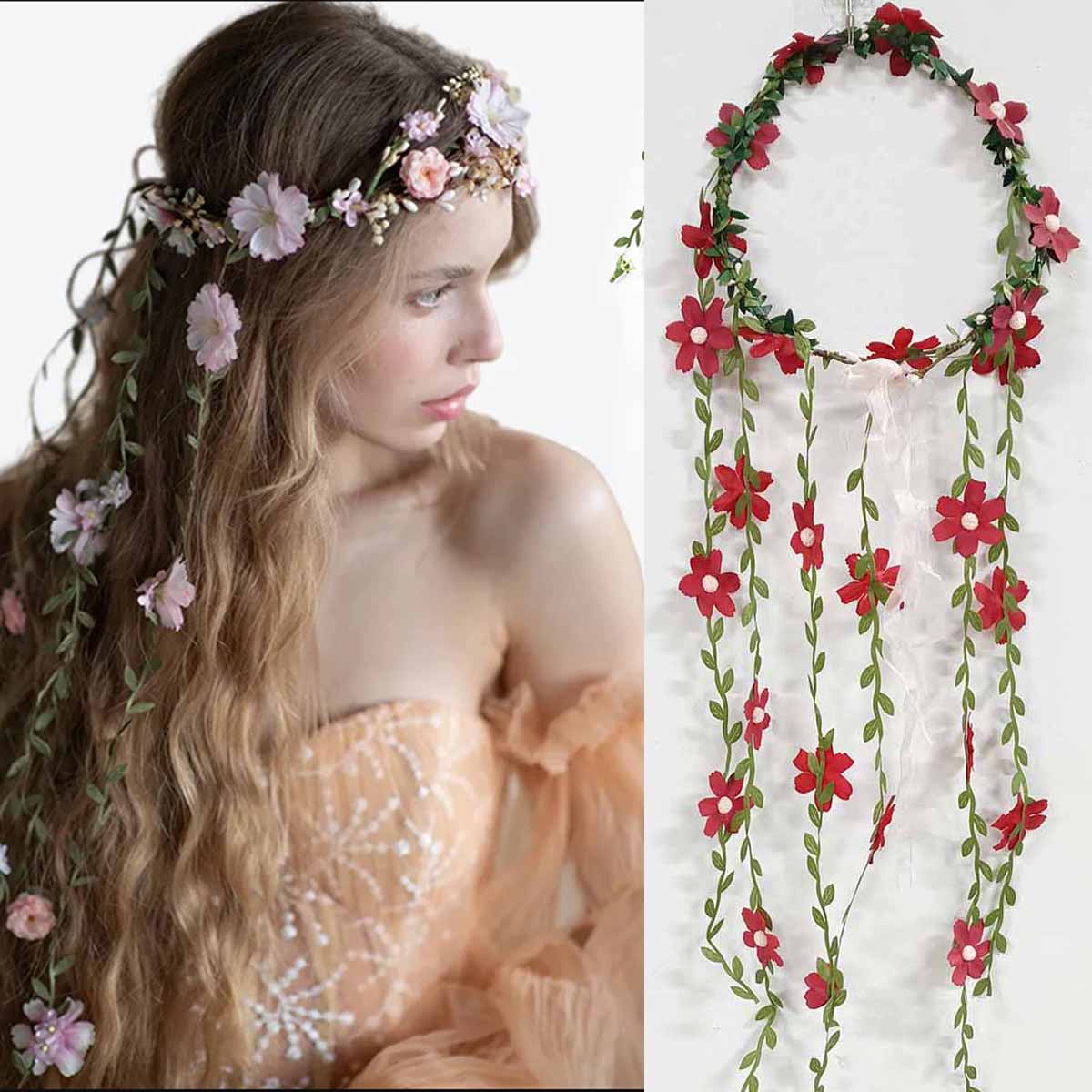Wedding Arch Flower - ボヘミアン籐花蔓クラウンヘッドバンド花嫁の結婚式のヘアアクセサリー女の子花花輪ヘッドバンドヘアスタイル Headdres