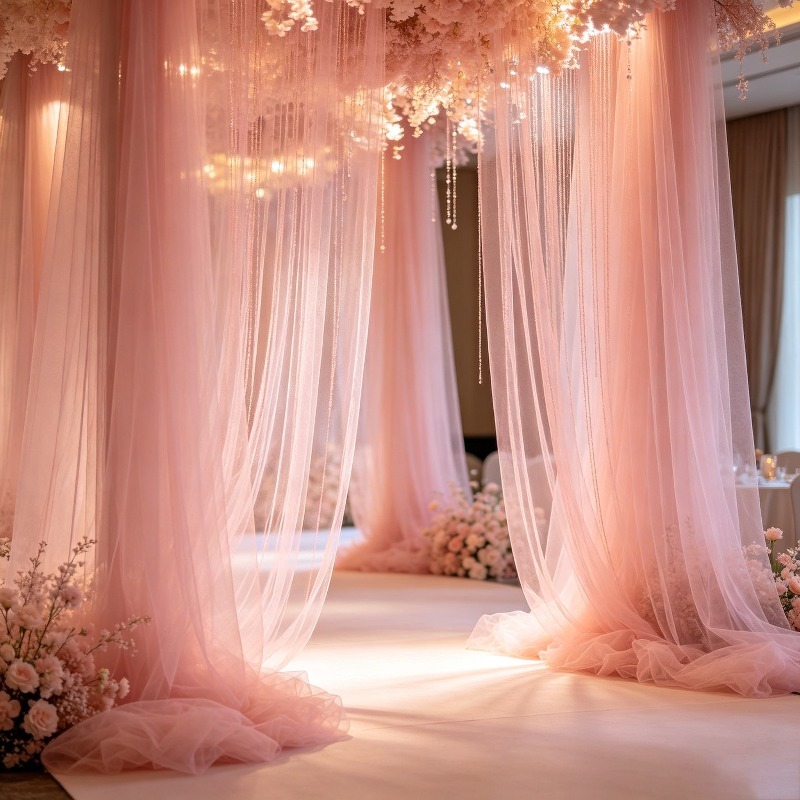 ライトピンクのシアーチュール天井ドレープ、透明メッシュスワッ - Wedding Balloon Arch のレビューと価格